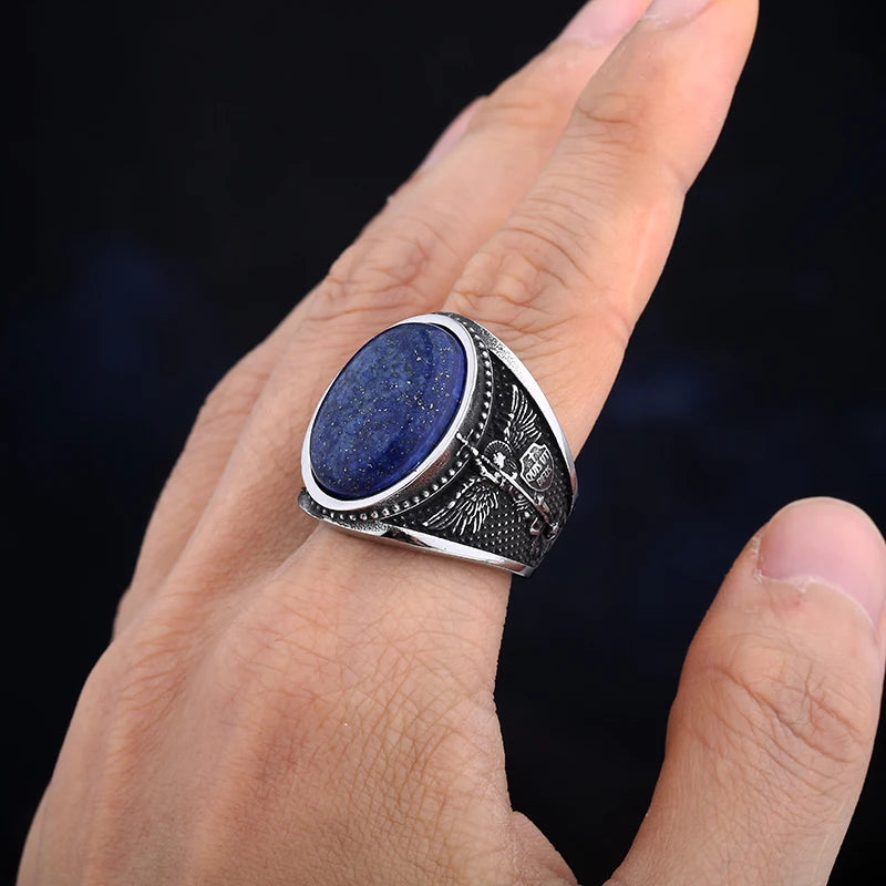 Blue Lapis Lazuli Gemstone Archangel Mens Ring - Stainless Steel Silver - Unisex