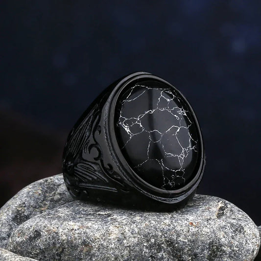 Marble Black Onyx Mens Gemstone Ring - Stainless Steel Black - Unisex