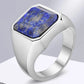 Blue Lapis Lazuli Gemstone Square Mens Signet Ring - Stainless Steel Silver - Unisex