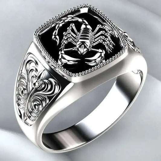 Scorpion Black Onyx Mens Signet Ring - Silver - Unisex - That Rock Aesthetic