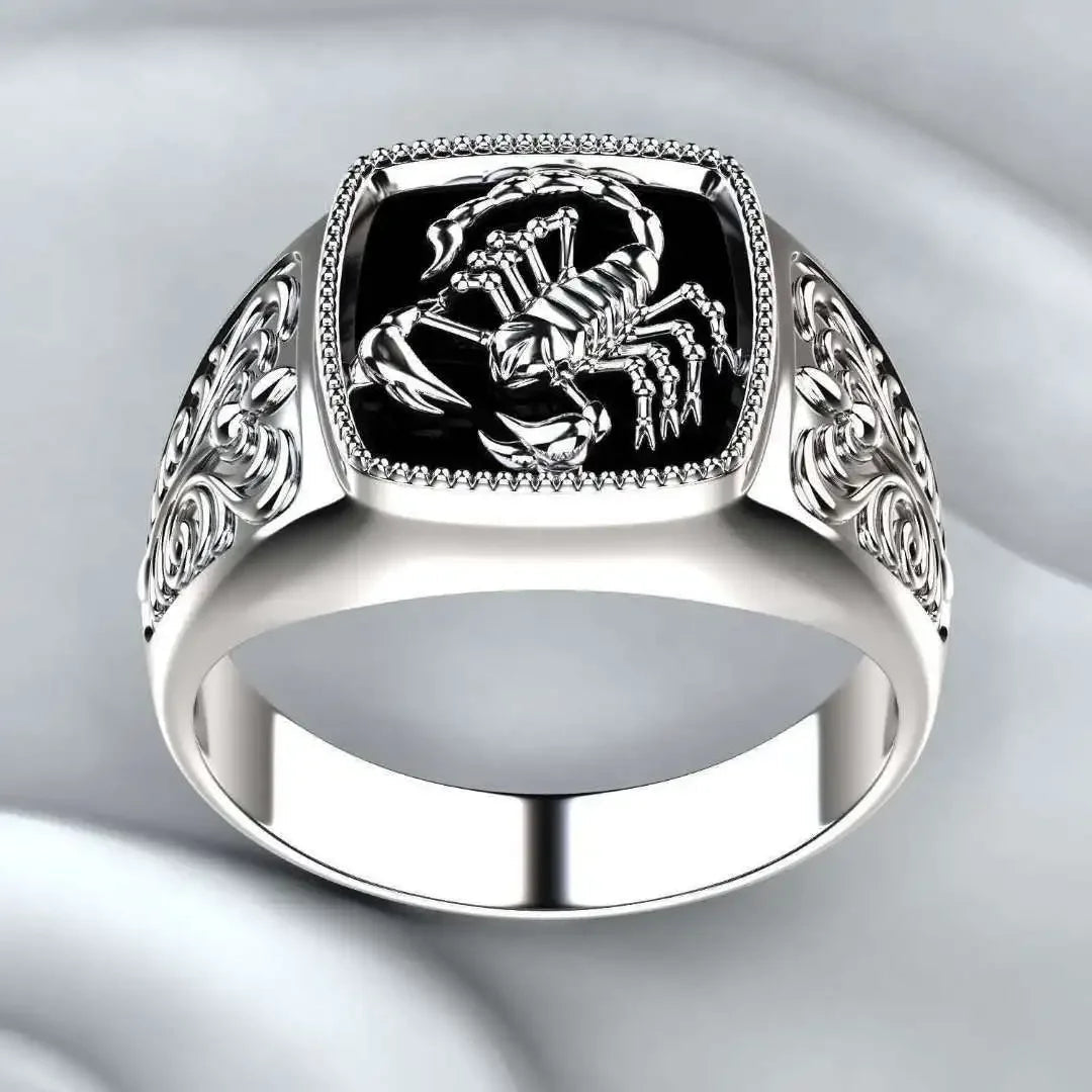 Scorpion Black Onyx Mens Signet Ring - Silver - Unisex - That Rock Aesthetic