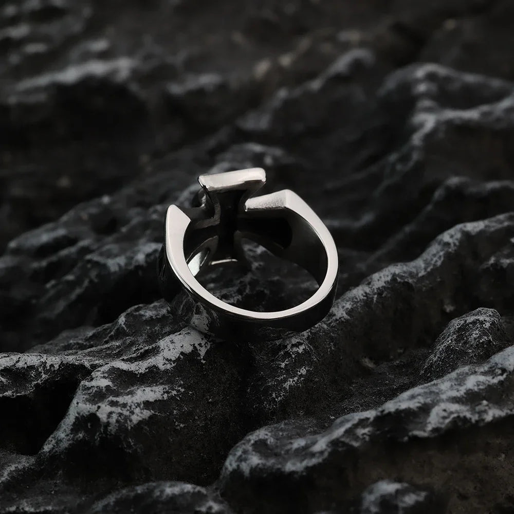 Skull Iron Cross Biker Ring Mens - Stainless Steel Silver - Unisex