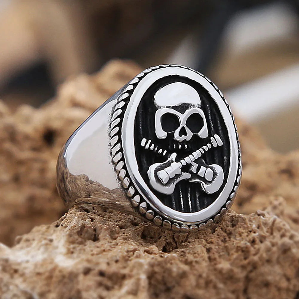 Skull Guitar Ring Grunge Signet Mens - Stainless Steel Silver - Unisex