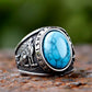 Turquoise Wolf Hawk Viking Rune Mens Ring - Stainless Steel Silver - Unisex