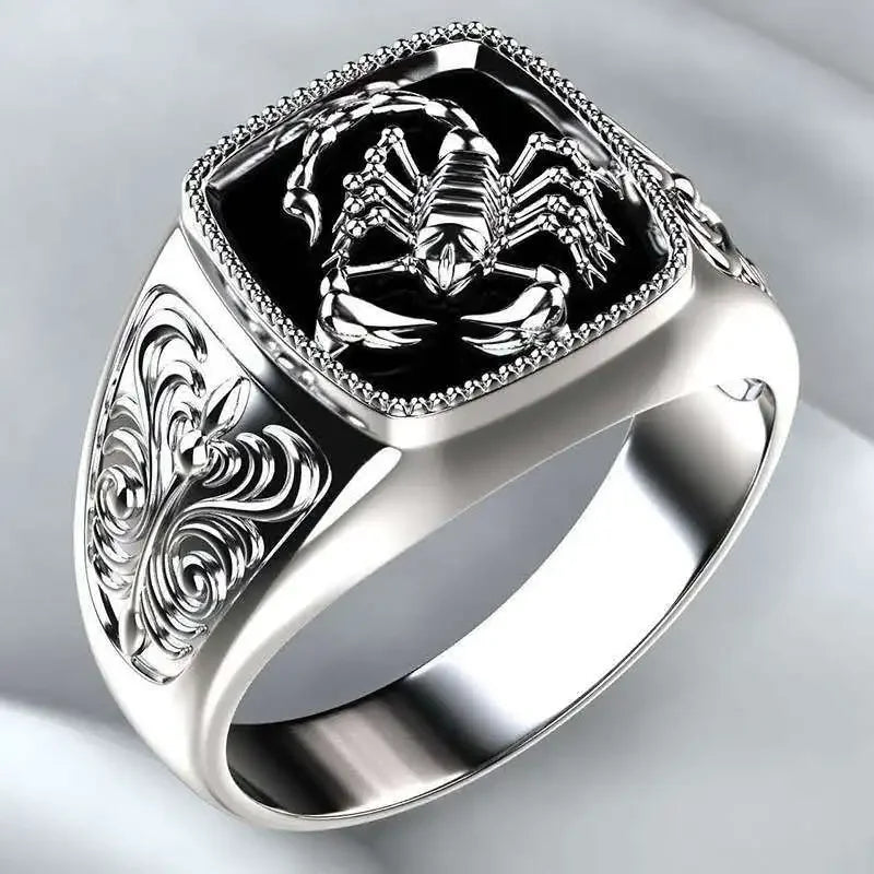 Scorpion Black Onyx Mens Signet Ring - Silver - Unisex