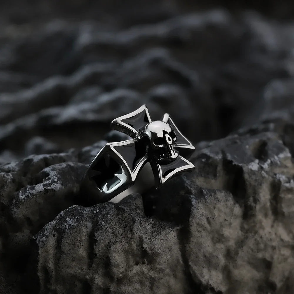 Skull Iron Cross Biker Ring Mens - Stainless Steel Silver - Unisex