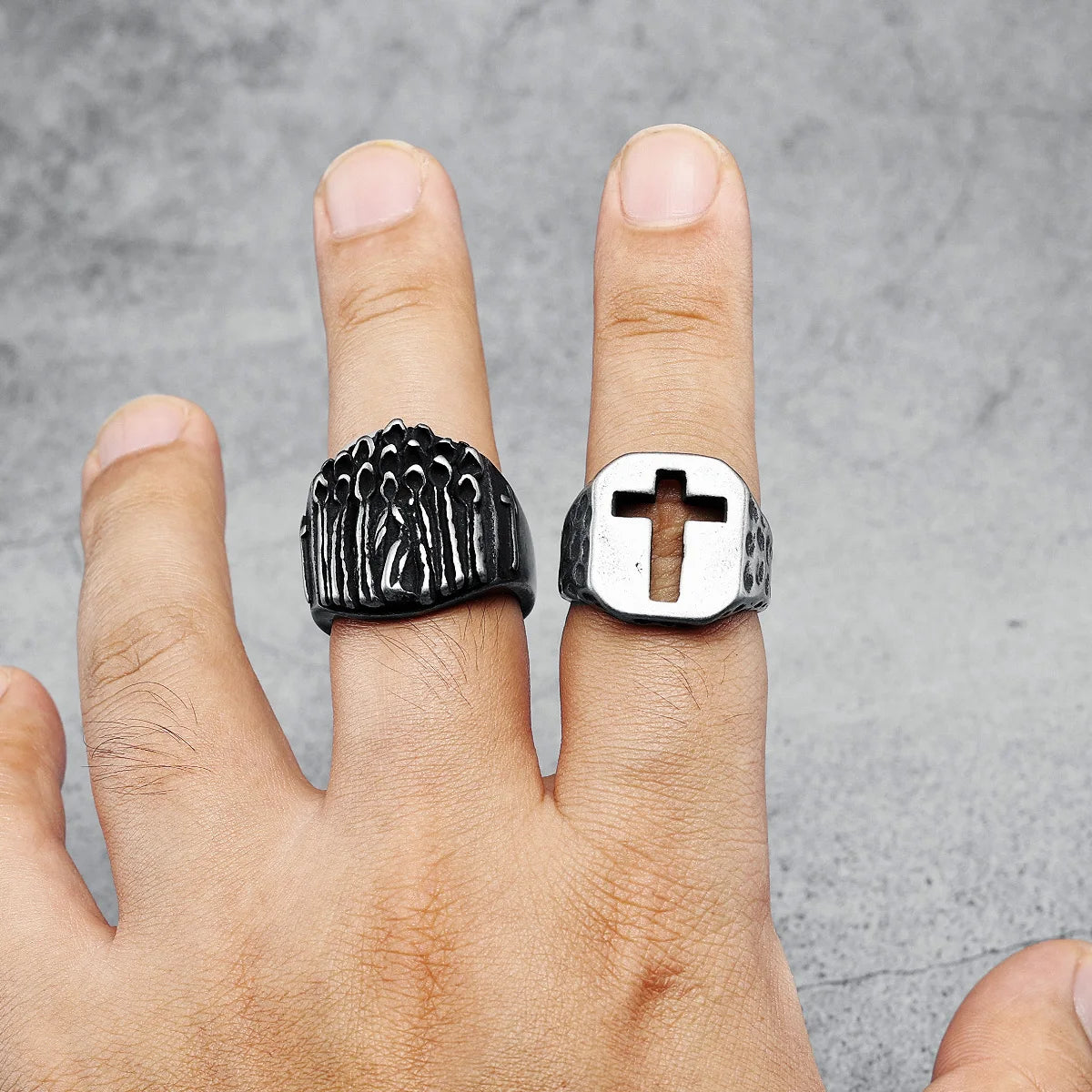 Vintage Spotted Cutout Christian Cross Ring Mens - Stainless Steel Silver - Unisex
