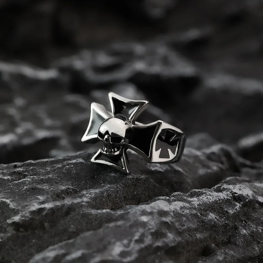 Skull Iron Cross Biker Ring Mens - Stainless Steel Silver - Unisex