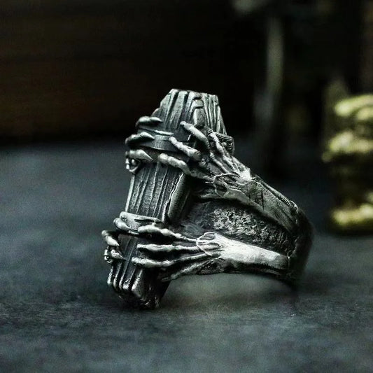 Coffin Zombie Horror Mens Halloween Ring - Silver & Gold - Unisex - Adjustable