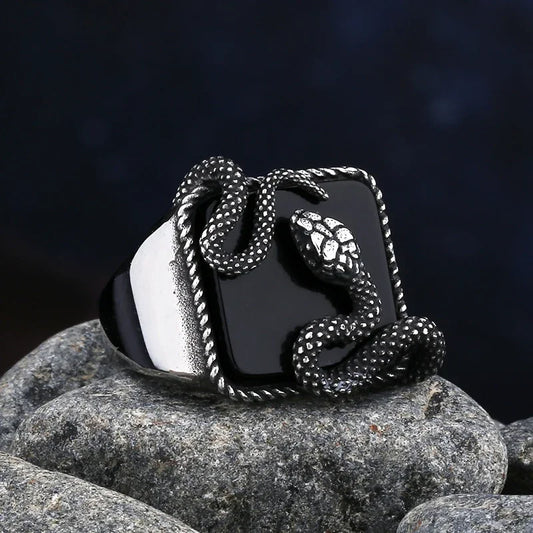 Black Onyx Mens Snake Ring - Stainless Steel Silver - Unisex