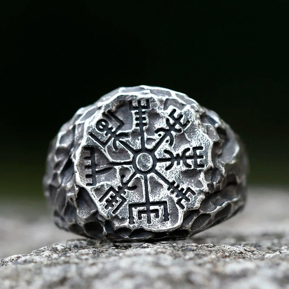 Rugged Norse Viking Compass Ring Mens Vegvisir - Stainless Steel Silver - Unisex