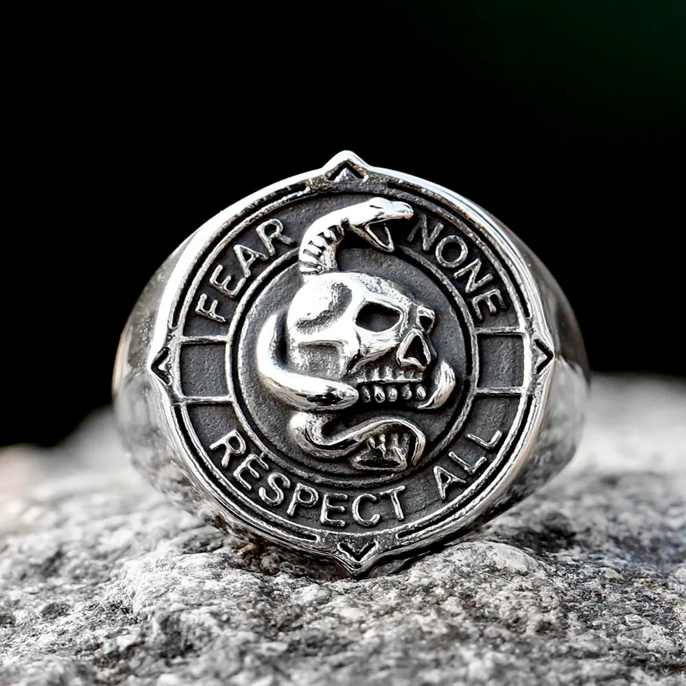 Skull & Snake Mens Signet Ring - Stainless Steel Silver - Unisex