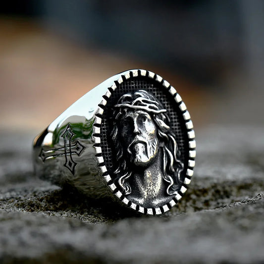 Christian Jesus Ring Mens Crown of Thorns Cross - Stainless Steel Silver - Unisex