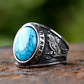 Turquoise Wolf Hawk Viking Rune Mens Ring - Stainless Steel Silver - Unisex