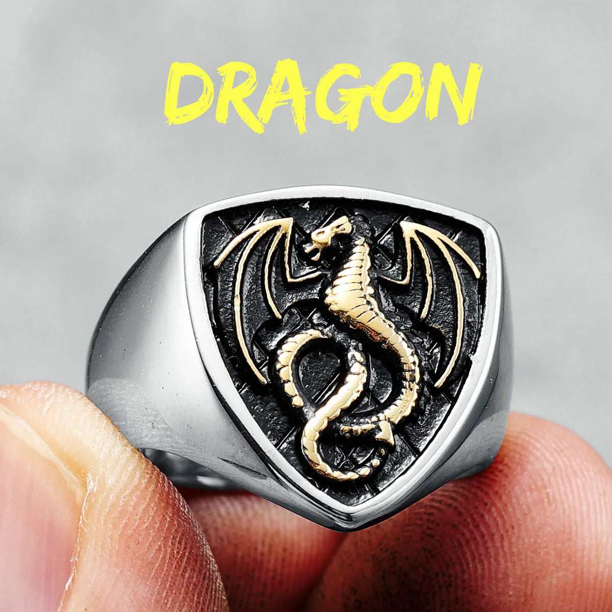 Dragon Ring Signet Mens - Stainless Steel Silver & Gold - Unisex