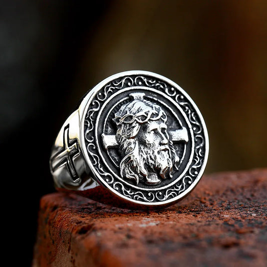 Cross Christian Jesus Ring Mens Crown of Thorns - Stainless Steel Silver - Unisex