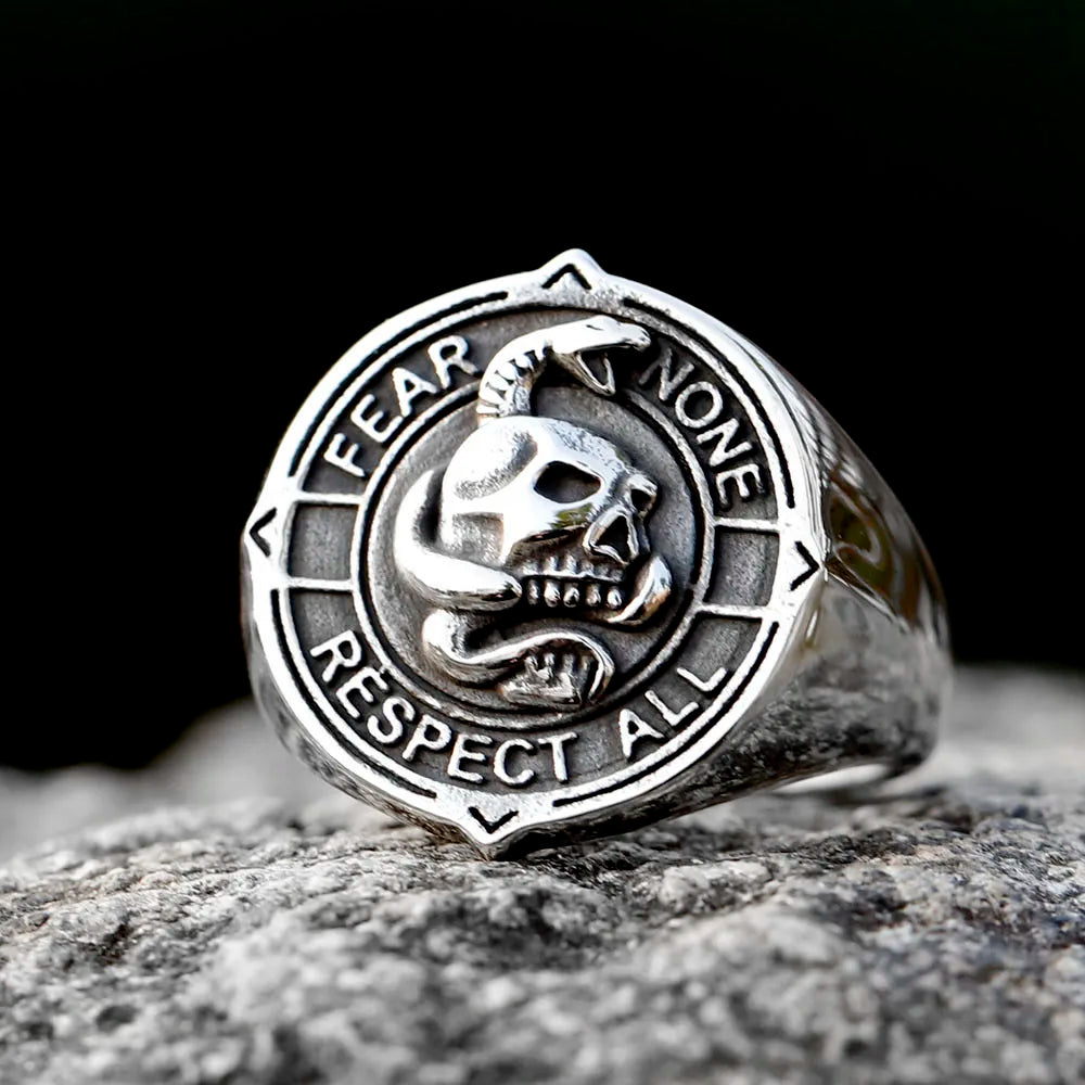 Skull & Snake Mens Signet Ring - Stainless Steel Silver - Unisex