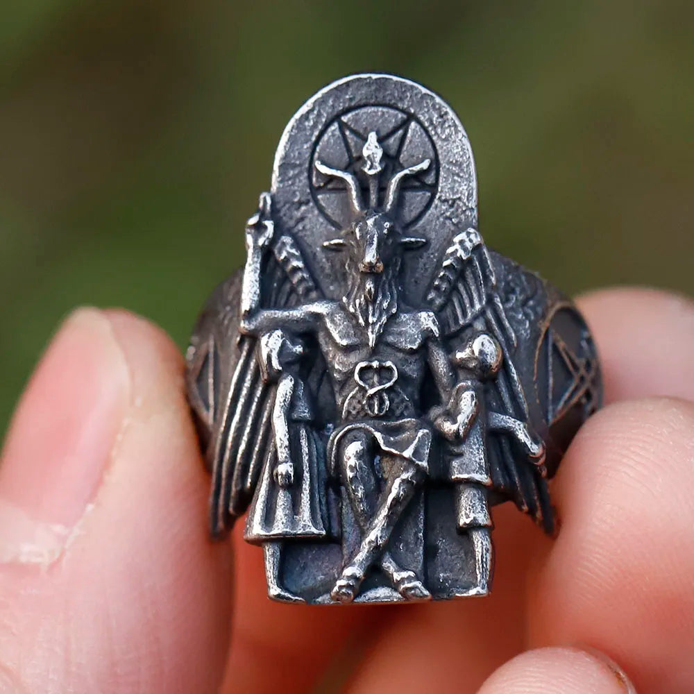 Satanic Throne of Baphomet Ring Mens - Stainless Steel Silver - Unisex