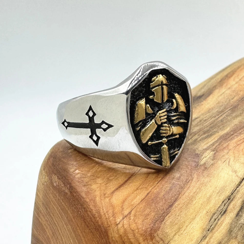 Knight Ring Medieval Sword Mens - Stainless Steel Silver & Gold - Unisex
