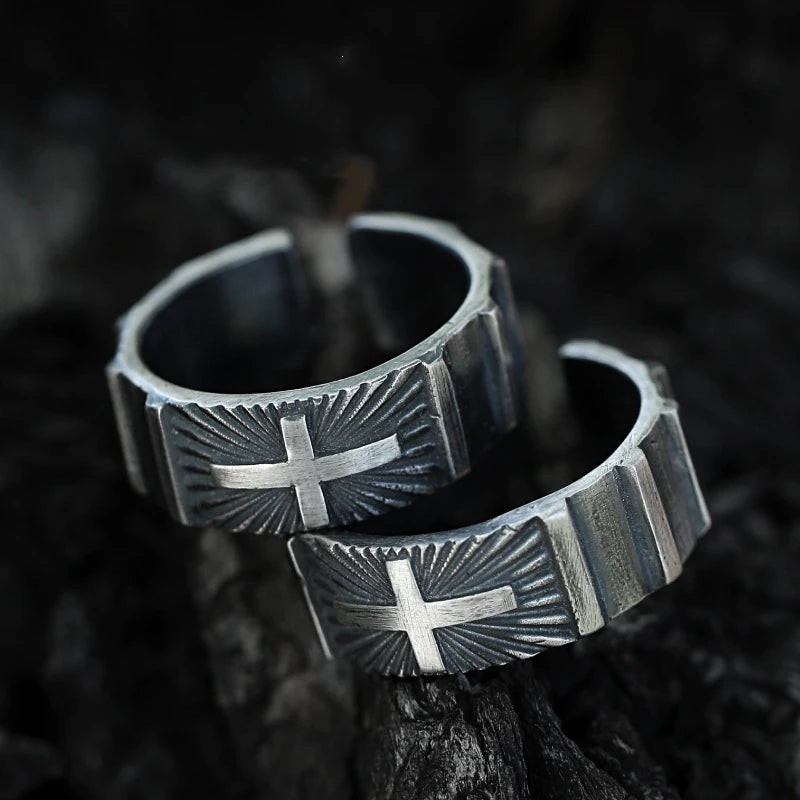 Open Christian Cross Ring Mens - 925 Silver - Adjustable - Unisex