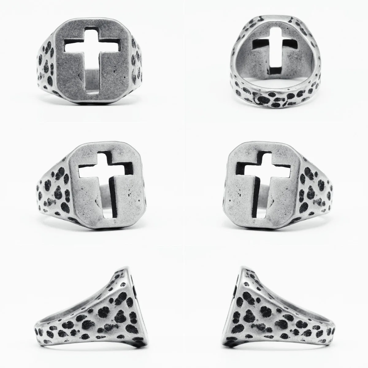 Vintage Spotted Cutout Christian Cross Ring Mens - Stainless Steel Silver - Unisex