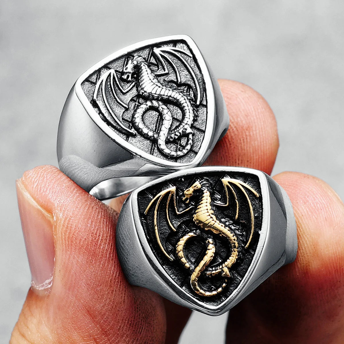 Dragon Ring Signet Mens - Stainless Steel Silver & Gold - Unisex