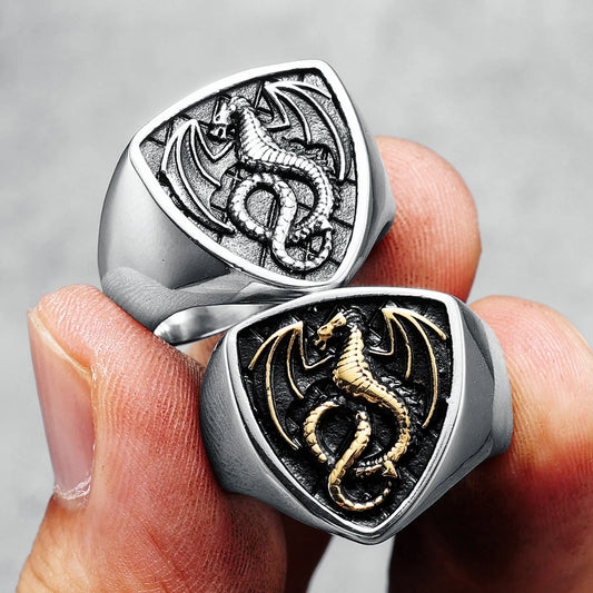 Dragon Ring Signet Mens - Stainless Steel Silver & Gold - Unisex