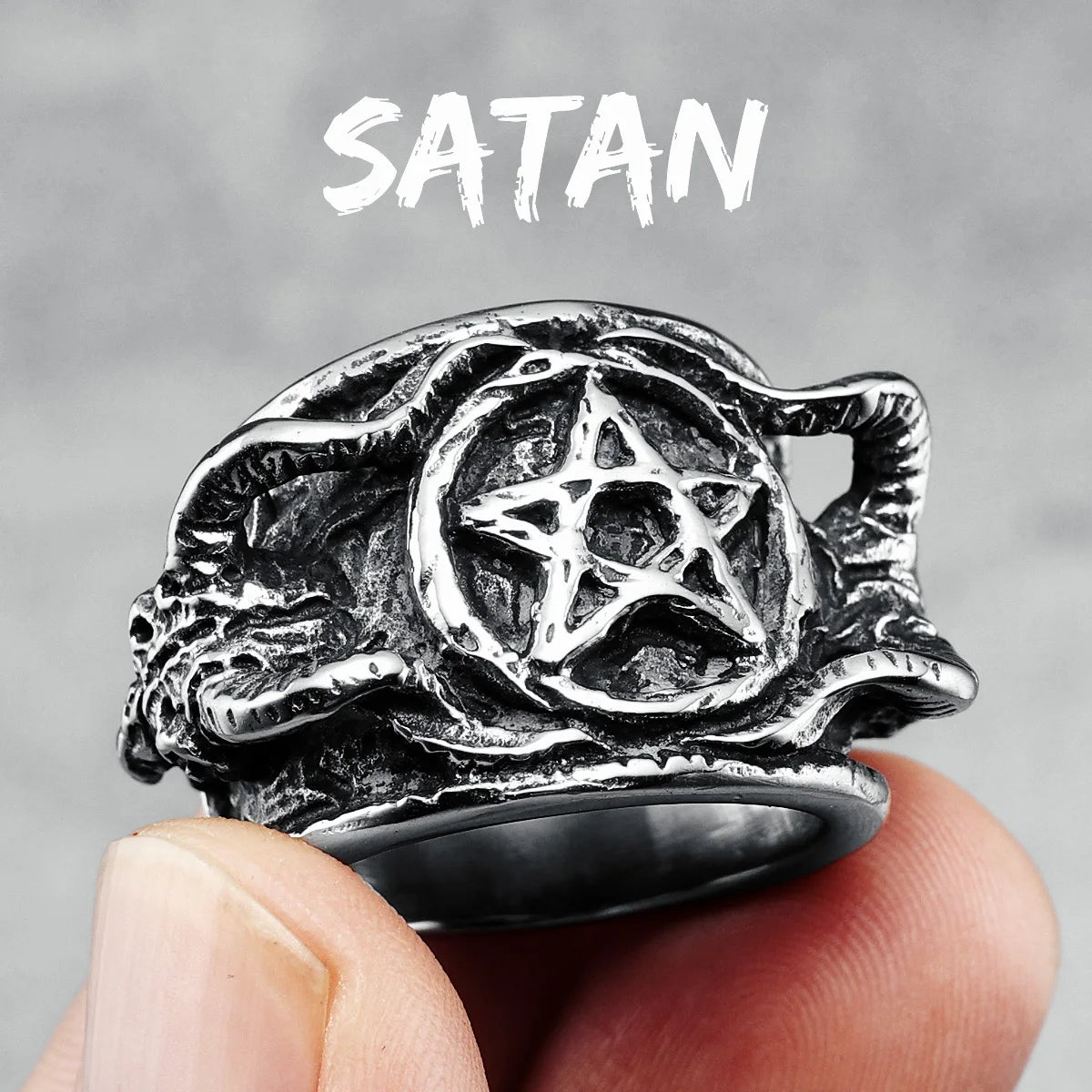Satanic Devil Pentagram Ring Gothic Mens - Stainless Steel Silver - Unisex