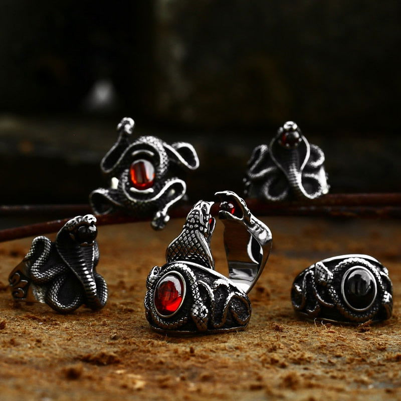 Shamanic Gemstone Mens Snake Ring Collection - Stainless Steel Silver - Unisex - That Rock Aesthetic