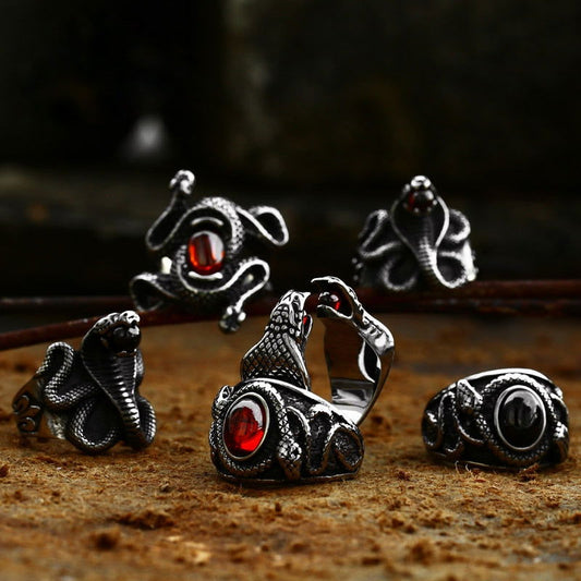 Shamanic Gemstone Mens Snake Ring Collection - Stainless Steel Silver - Unisex - That Rock Aesthetic