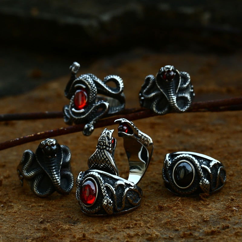 Shamanic Gemstone Mens Snake Ring Collection - Stainless Steel Silver - Unisex - That Rock Aesthetic