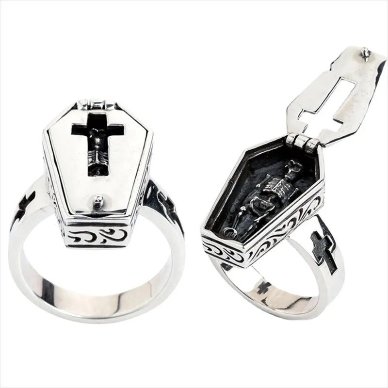 Skeleton Coffin Flip Gothic Horror Mens Halloween Ring - Silver - Unisex - That Rock Aesthetic