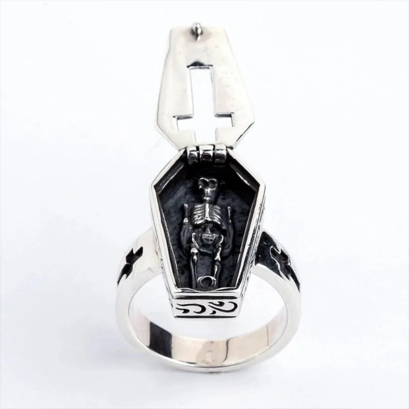 Skeleton Coffin Flip Gothic Horror Mens Halloween Ring - Silver - Unisex - That Rock Aesthetic