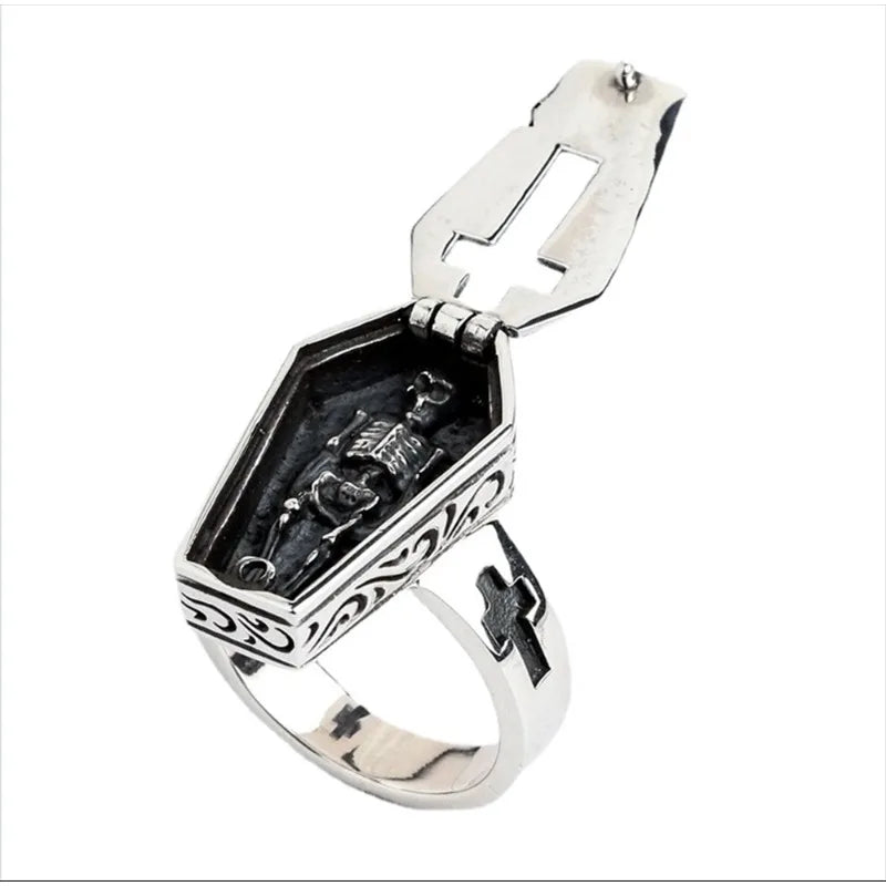 Skeleton Coffin Flip Gothic Horror Mens Halloween Ring - Silver - Unisex - That Rock Aesthetic
