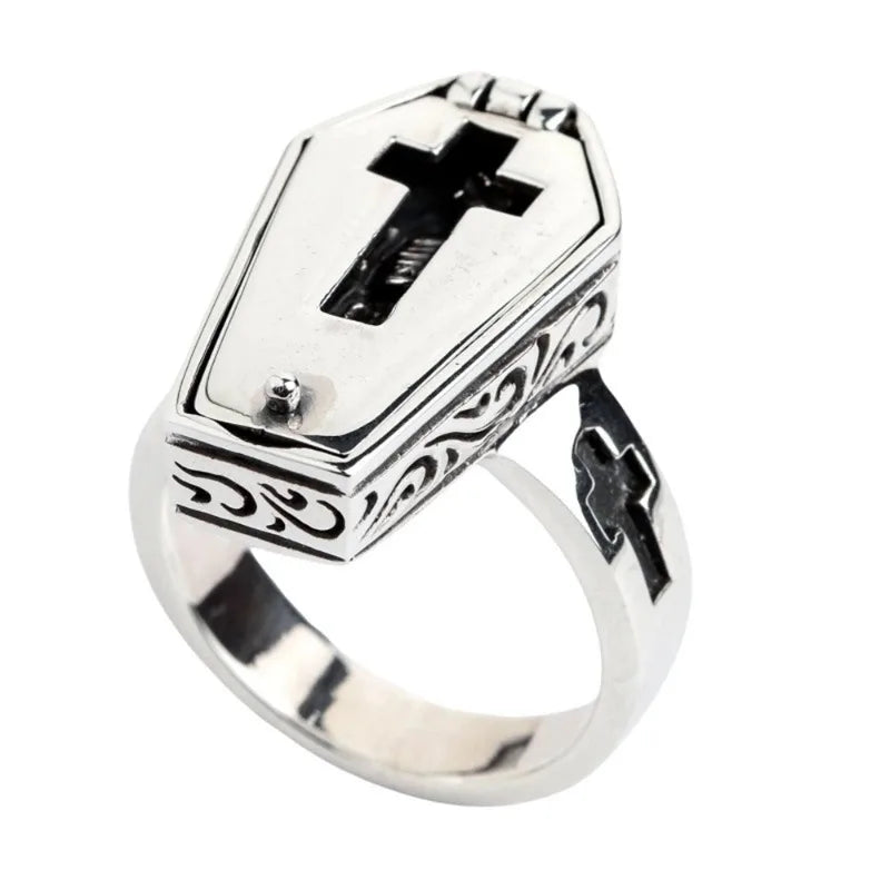 Skeleton Coffin Flip Gothic Horror Mens Halloween Ring - Silver - Unisex - That Rock Aesthetic
