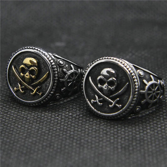 Skull & Crossbones Pirate Ring Mens - Stainless Steel Silver & Gold - Unisex - That Rock Aesthetic