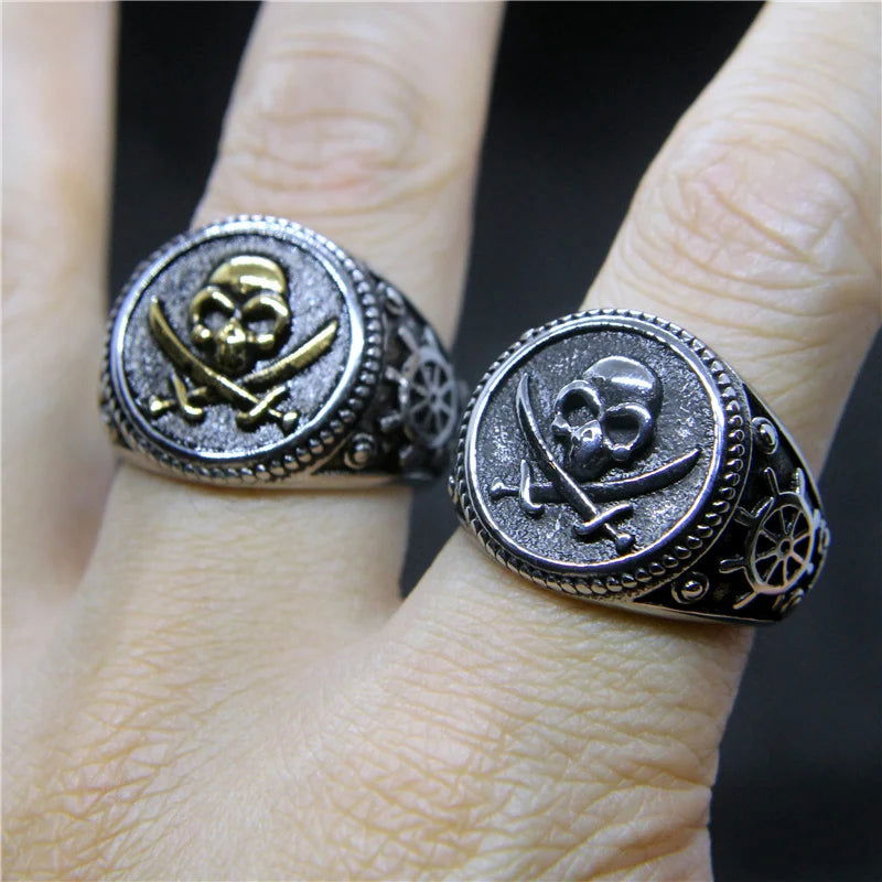 Skull & Crossbones Pirate Ring Mens - Stainless Steel Silver & Gold - Unisex - That Rock Aesthetic