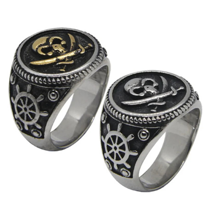 Skull & Crossbones Pirate Ring Mens - Stainless Steel Silver & Gold - Unisex - That Rock Aesthetic