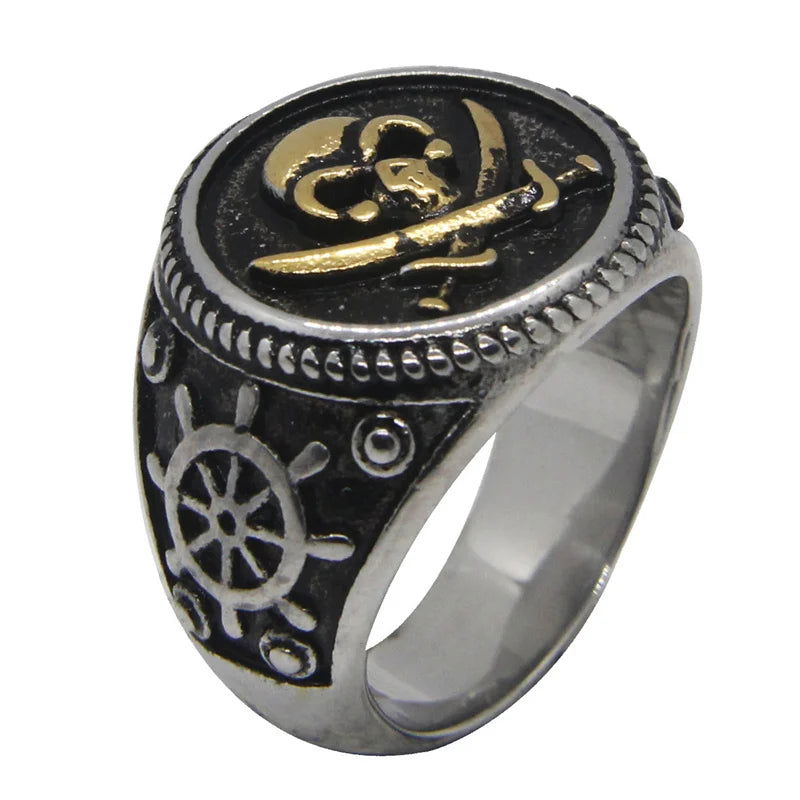 Skull & Crossbones Pirate Ring Mens - Stainless Steel Silver & Gold - Unisex - That Rock Aesthetic