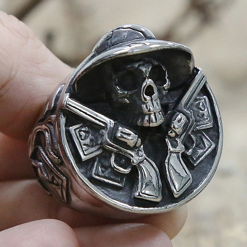 Skull Gun Cowboy Ring Mens - Stainless Steel Silver - Unisex - That Rock Aesthetic