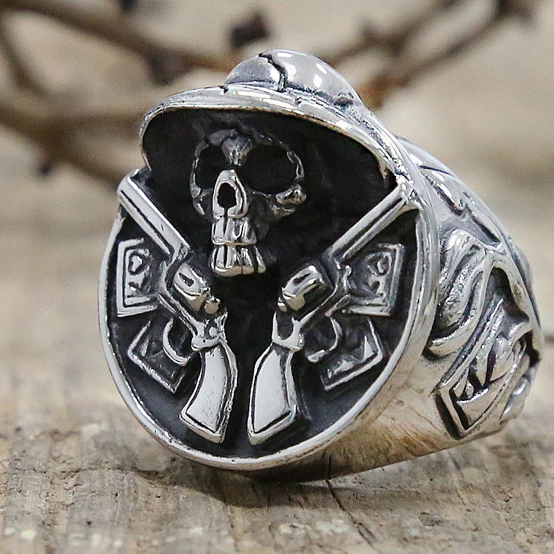 Skull Gun Cowboy Ring Mens - Stainless Steel Silver - Unisex - That Rock Aesthetic