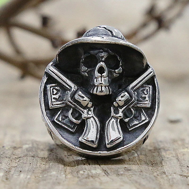 Skull Gun Cowboy Ring Mens - Stainless Steel Silver - Unisex - That Rock Aesthetic