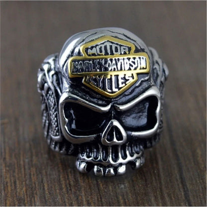Skull Harley Davidson Ring Mens Biker Pistol Gun - Silver & Gold - Unisex - That Rock Aesthetic