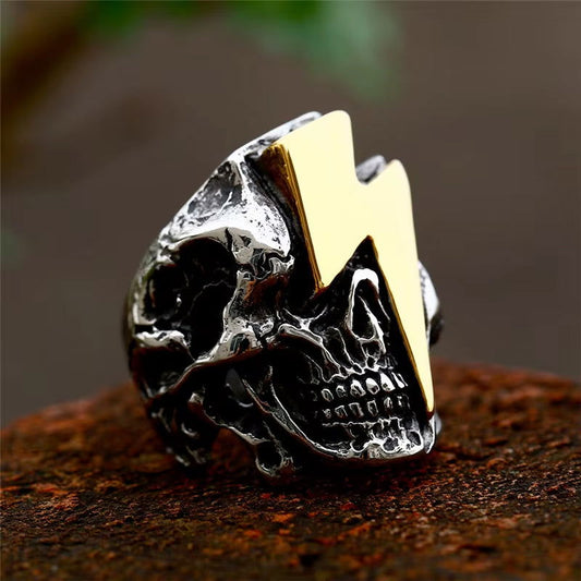 Skull Lightning Bolt Mens Ring - Stainless Steel Silver & Gold - Unisex - That Rock Aesthetic