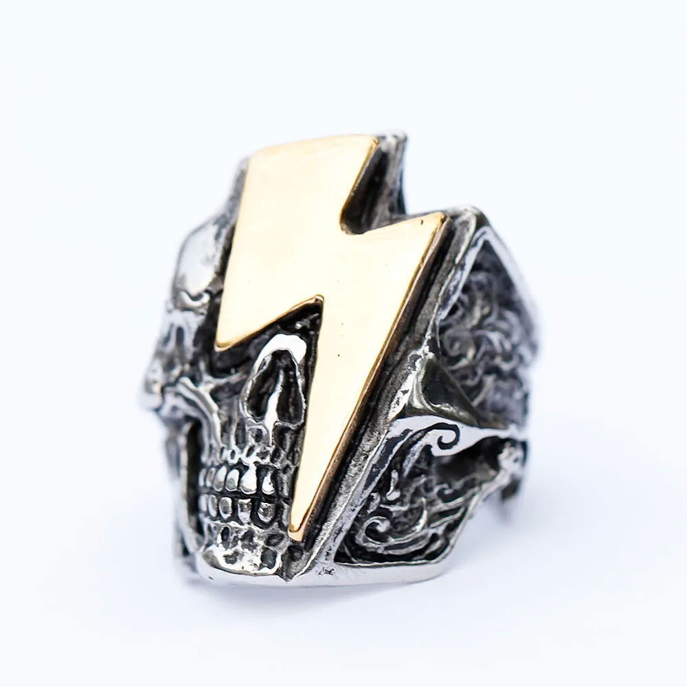 Skull Lightning Bolt Mens Ring - Stainless Steel Silver & Gold - Unisex - That Rock Aesthetic