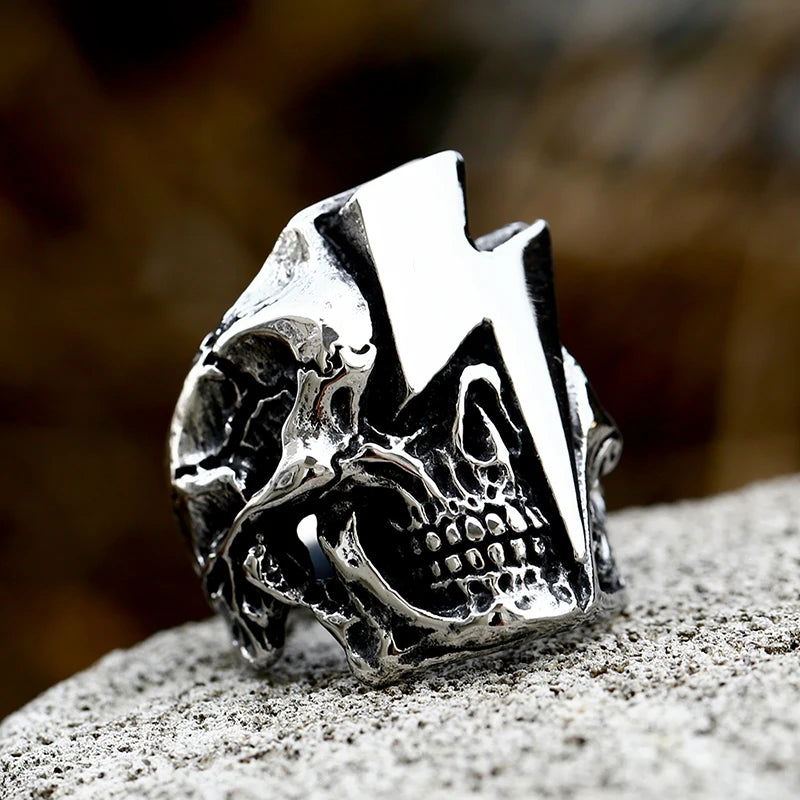 Skull Lightning Bolt Mens Ring - Stainless Steel Silver & Gold - Unisex - That Rock Aesthetic