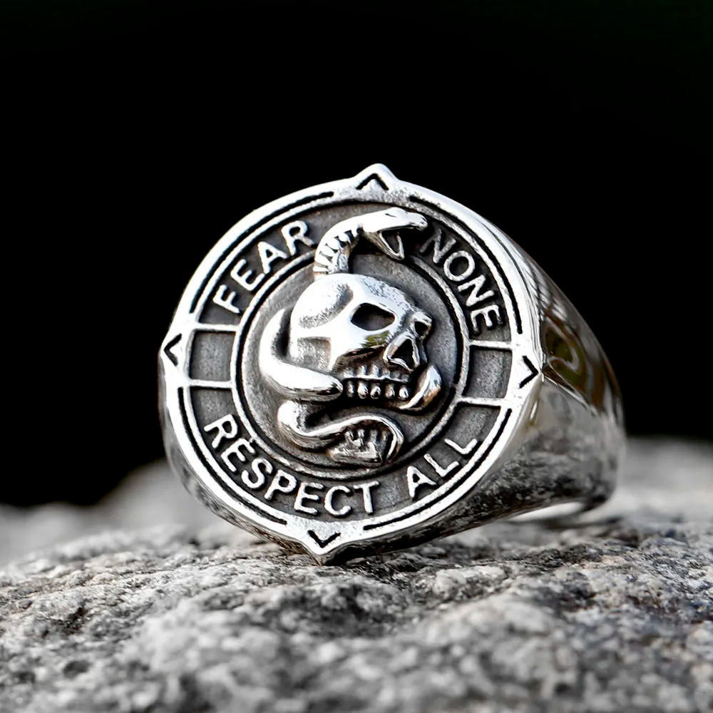 Skull & Snake Mens Signet Ring - Stainless Steel Silver - Unisex - That Rock Aesthetic