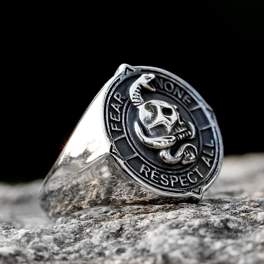 Skull & Snake Mens Signet Ring - Stainless Steel Silver - Unisex - That Rock Aesthetic