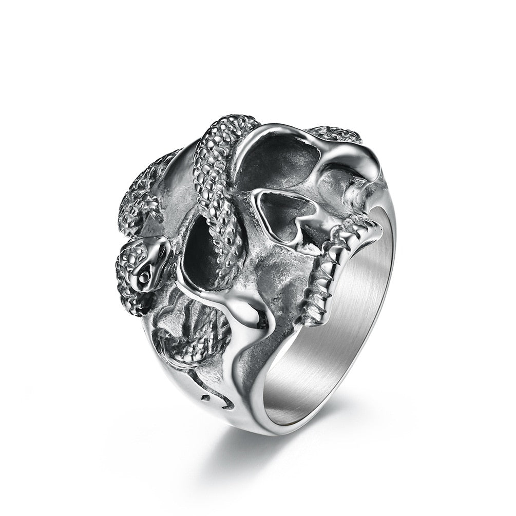 Skull and Snake Gothic Punk Mens Ring - Stainless Steel Silver & Gold - Unisex - That Rock Aesthetic