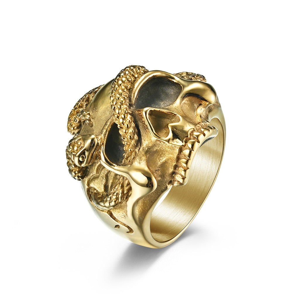 Skull and Snake Gothic Punk Mens Ring - Stainless Steel Silver & Gold - Unisex - That Rock Aesthetic